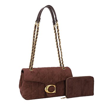 2-in-1 Quilted Suede Shoulder Bag & Wallet Set