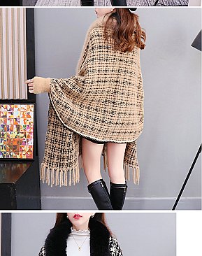 Winter Warm Checker Quality Shawl Cape With Fur