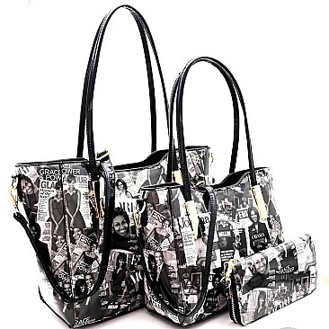 Obama Magazine Print Patent 3 Pcs Tote Wallet Set