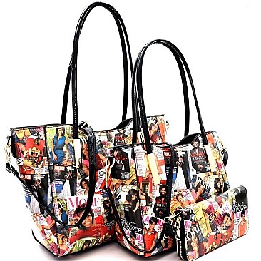 Obama Magazine Print Patent 3 Pcs Tote Wallet Set