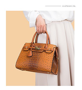 Ostrich Embossed Padlock Satchel