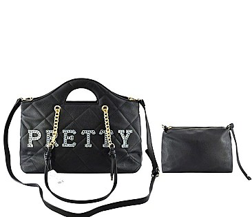 2-IN-1 Quilted Shopper Tote Crystal Stonned with the word "PRETTY"