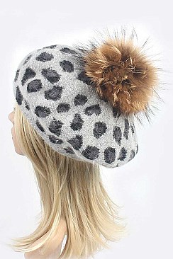 Leopard Print Fur Pom Winter Beret