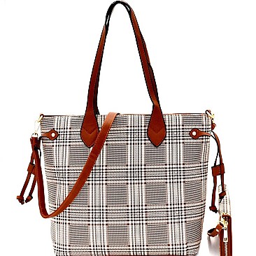 String Accent Plaid Pattern Shopper Tote Wallet SET MH-AGZ6921