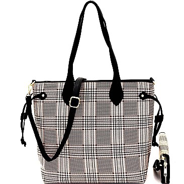 String Accent Plaid Pattern Shopper Tote Wallet SET MH-AGZ6921