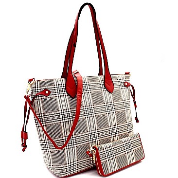 String Accent Plaid Pattern Shopper Tote Wallet SET MH-AGZ6921