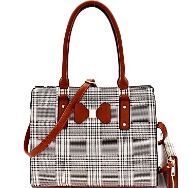 Bow Accent Plaid Pattern BOUTIQUE Satchel Wallet SET