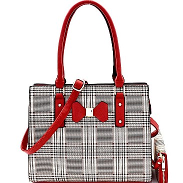 Bow Accent Plaid Pattern BOUTIQUE Satchel Wallet SET