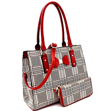 Bow Accent Plaid Pattern BOUTIQUE Satchel Wallet SET