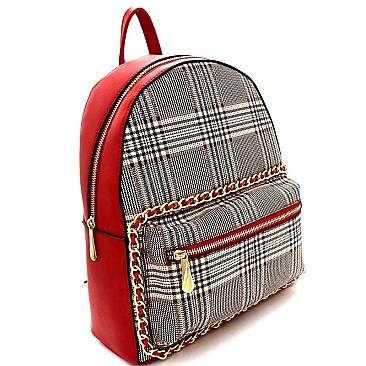 Chain Accent Plaid Pattern Fashion Backpack AGZ6946-LP