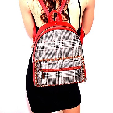 Chain Accent Plaid Pattern Fashion Backpack AGZ6946-LP