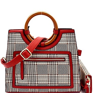 Wooden Handle Plaid Pattern Satchel Wallet SET  MH-AGZ6947W