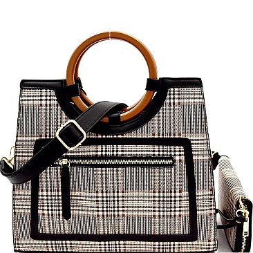 Wooden Handle Plaid Pattern Satchel Wallet SET  MH-AGZ6947W