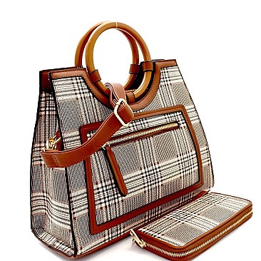 Wooden Handle Plaid Pattern Satchel Wallet SET  MH-AGZ6947W