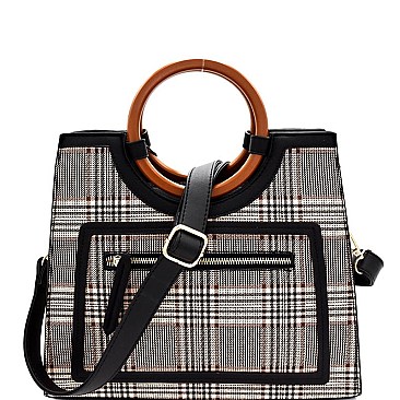 Wooden Handle Accent Plaid Pattern Satchel  AGZ6947