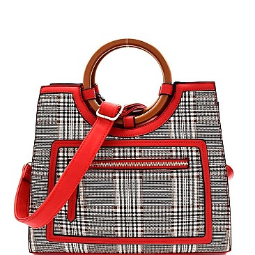 Wooden Handle Accent Plaid Pattern Satchel  AGZ6947