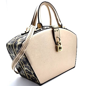 AL633-LP Leopard Trim Padlock Figure Structured Satchel