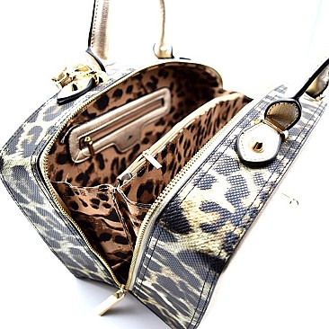 AL633-LP Leopard Trim Padlock Figure Structured Satchel