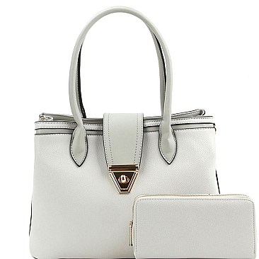 Elegant Turn-Lock Accent 2-Way Satchel Wallet SET MH-AMS0291W