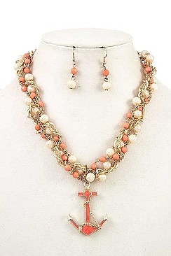 ANCHOR PENDANT BEADED CHAIN NECKLACE SET