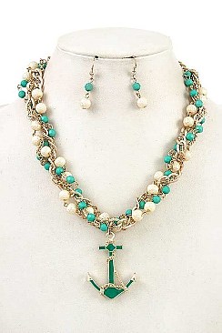ANCHOR PENDANT BEADED CHAIN NECKLACE SET