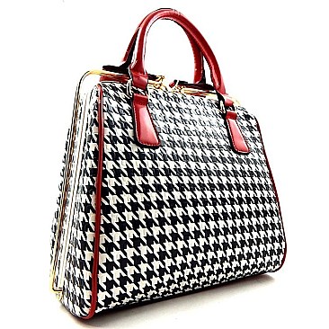 Houndstooth Metal Framed Sliding-Lock Satchel