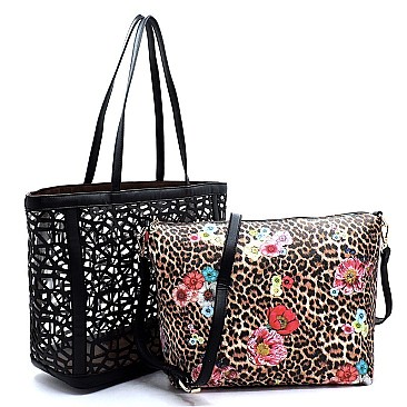 Laser Cut See Thru Shopper & Leopard Flower Crossbody 2-in-1 Set