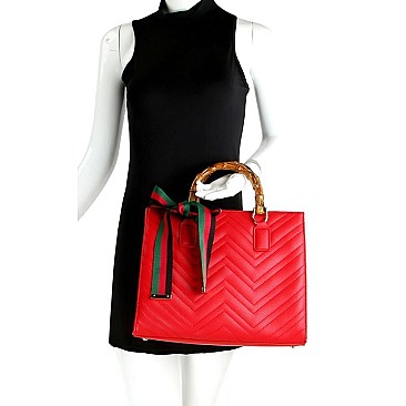 MH-B0163 Color Block Bow Chevron Quilted Bamboo Handle Satchel