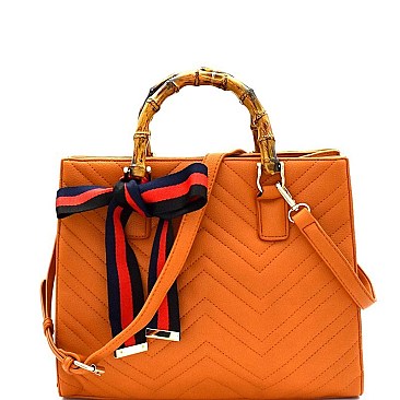 MH-B0163 Color Block Bow Chevron Quilted Bamboo Handle Satchel