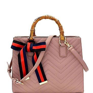 MH-B0163 Color Block Bow Chevron Quilted Bamboo Handle Satchel