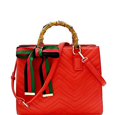 MH-B0163 Color Block Bow Chevron Quilted Bamboo Handle Satchel