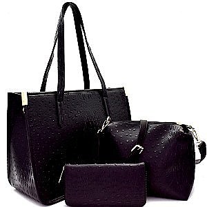 Ostrich Embossed 3Pc Bag and Wallet Set