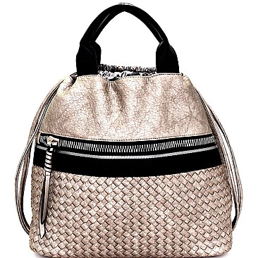 B5-6707-LP Zipper Accent Woven Drawstring Fashion Backpack