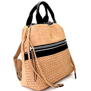 B5-6707-LP Zipper Accent Woven Drawstring Fashion Backpack