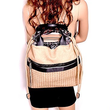 B5-6707-LP Zipper Accent Woven Drawstring Fashion Backpack