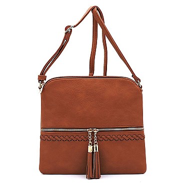 Weaved Whipstitch Tassel Zipper Crossbody Bag
