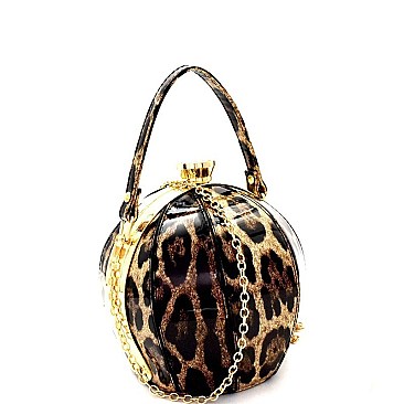 Patent Ball-Shaped Jewel-Top Satchel Leopard Animal Print