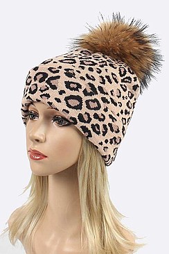 Leopard Print Fur Pom Knit Beanie