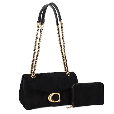 2-in-1 Quilted Suede Shoulder Bag & Wallet Set