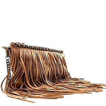 Chain Accented Fringed Cross Body Messenger