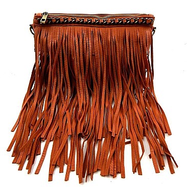 Chain Accented Fringed Cross Body Messenger