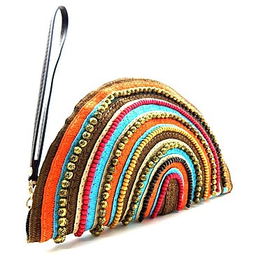 Beaded Abstract Straw Wristlet Clutch
