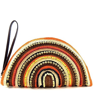 Beaded Abstract Straw Wristlet Clutch