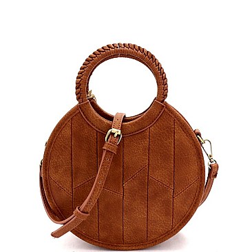 Medium Braided Handle Patchwork Theme Boho Round Satchel