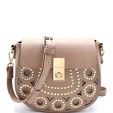 BGW47502-LP Madison West Laser-Cut Detail Studded Flap Crossbody