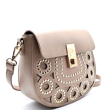 BGW47502-LP Madison West Laser-Cut Detail Studded Flap Crossbody