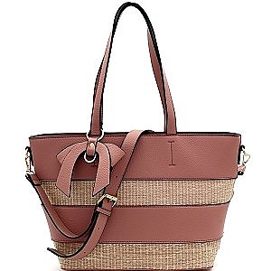 Straw Woven Bow Accent Stripe Tote