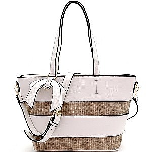 Straw Woven Bow Accent Stripe Tote