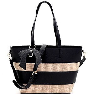 Straw Woven Bow Accent Stripe Tote