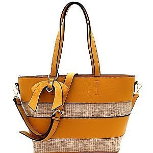 Straw Woven Bow Accent Stripe Tote